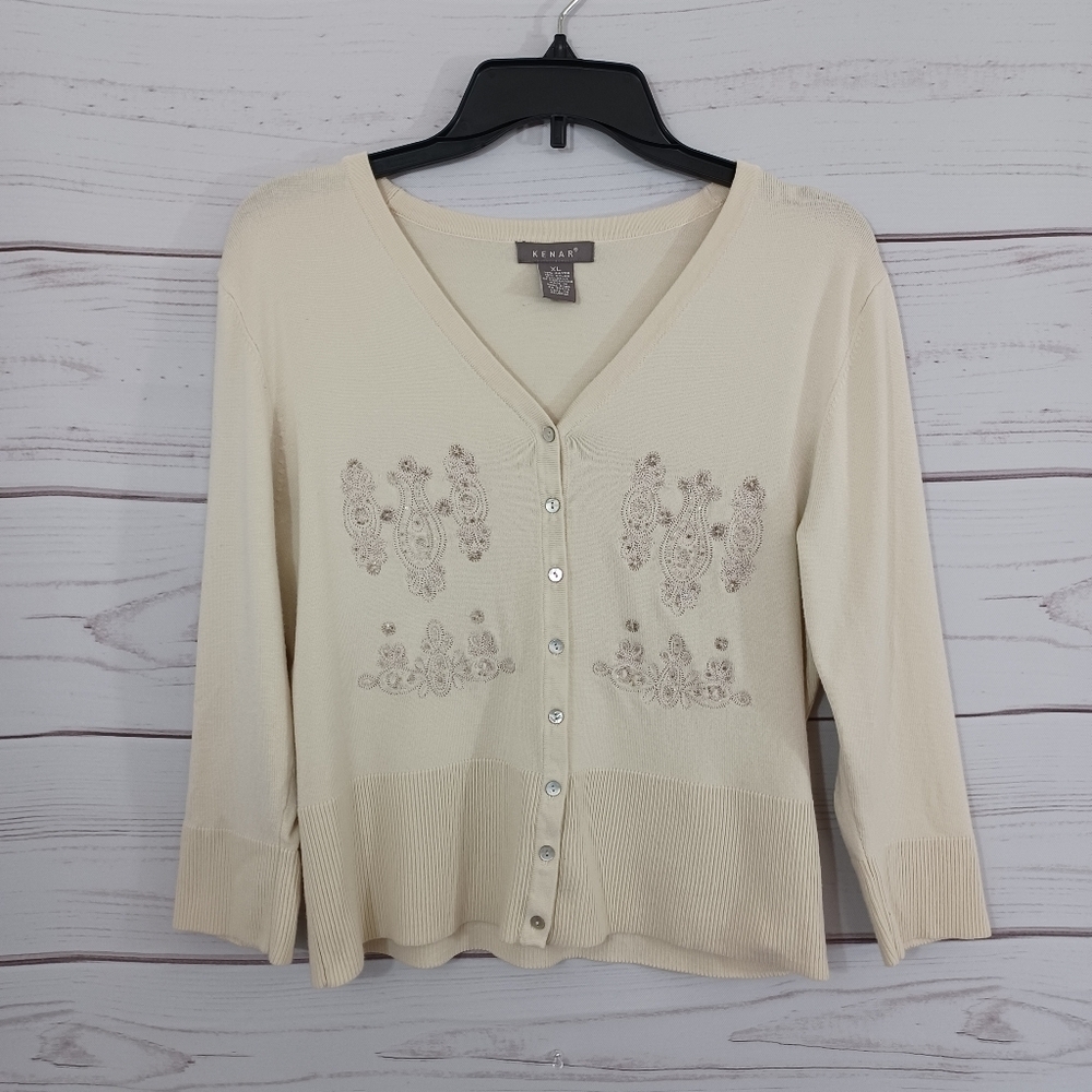 Chic and Versatile Kenar Ivory Cream Beaded Embellished Cardigan Sweater Top